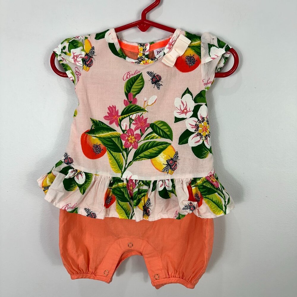 Ted Baker Romper Kids 0-3M Pink Floral Lemon Bee Ruffle Peplum Sunsuit